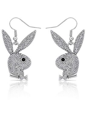 PLAYBOY Crystal-Stud Bunny Dangle Earrings in Silver with Black Eye